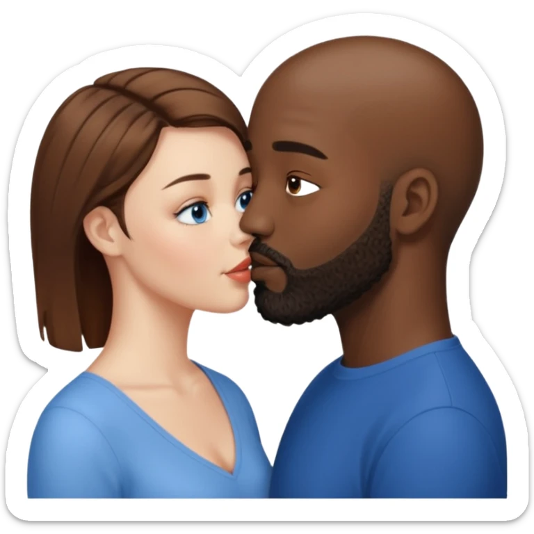 There is a white woman with short brown hair and blue eyes and a black man with no hair and a beard. The woman is giving a kiss to the forehead of the man sticker