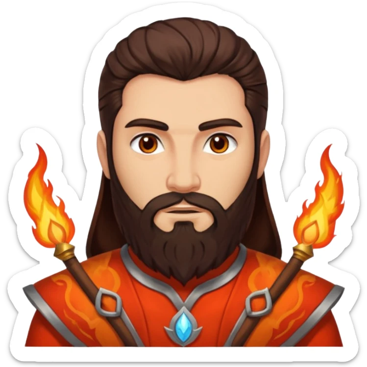 Vulcan, Fire God from Rome Mythology with long dark brown hair and beard, orange and red outfit, light tan skin sticker