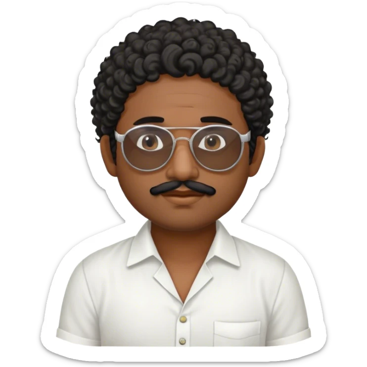 south indian man with curly hair, sunglasses, a small white semi circle on his forehead, with a white shirt and lungi, and one hand under his chin like rizz and his lower lip between his teeth from one side. sticker