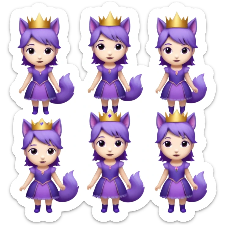 A collection of twelve chibi-style illustrations of a cute princess wearing a purple dress and crown with purple hair and purple wolf ears and purple wolf tail character. Each square shows the character doing something different against a white background And make a gap between each illusion sticker