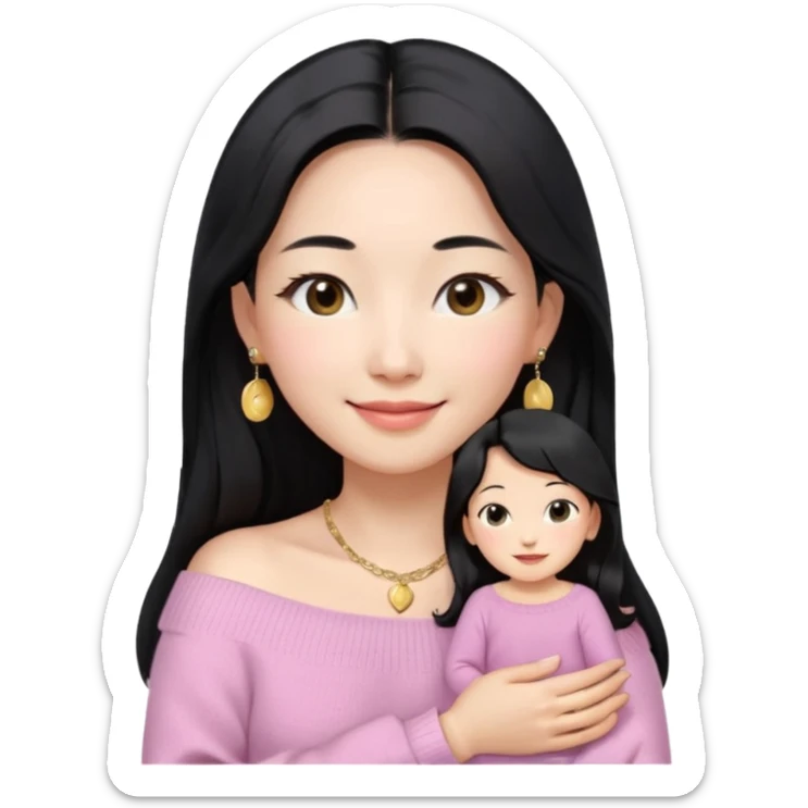 South Korean girl in her mid-thirties with long black hair and a middle part. She is wearing a baby pink, off the shoulder long sleeve knit sweater. She has small gold earrings and a gold necklace. She has brown eyes with narrow, mono lid shape and smiling with lips together sticker
