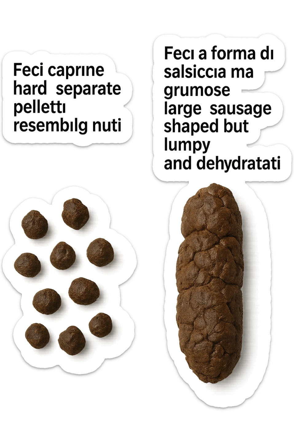 immagine di due tipi di feci iperrealistiche viste dall'alto con descrizione:
Tipo 1 – Feci caprine
Palline dure, separate, simili a noci

Tipo 2 – Feci a forma di salsiccia ma grumose
Massicce e disidratate.
 sticker
