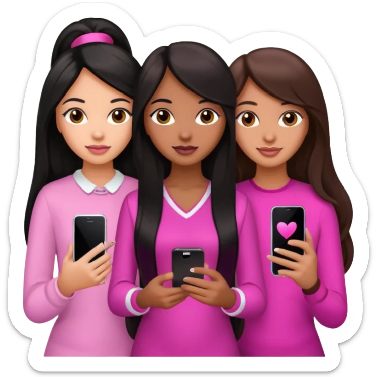 3 brown girl friends with a phone on their hand, one with black long hair, one with brown hair long and the other one with black with brown hair. Wearing pink glammed up  sticker