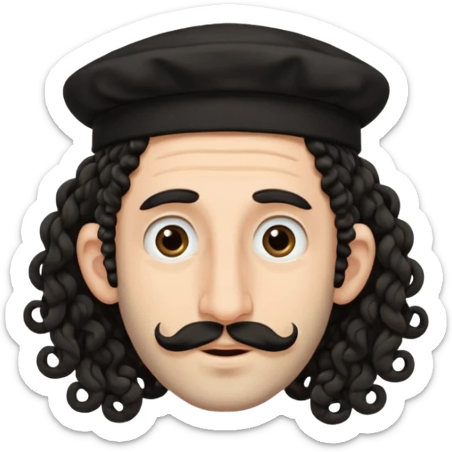 jewish jew man's face, wearing a tiny black kippah and 2 curly long hair strands near the ears, big nose, only face, no body, no mustache sticker