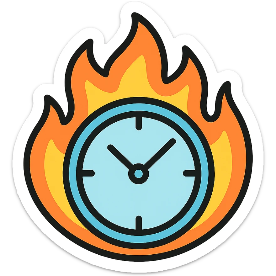 minimal color icon of a round clock with bright vivid flames, clean lines sticker