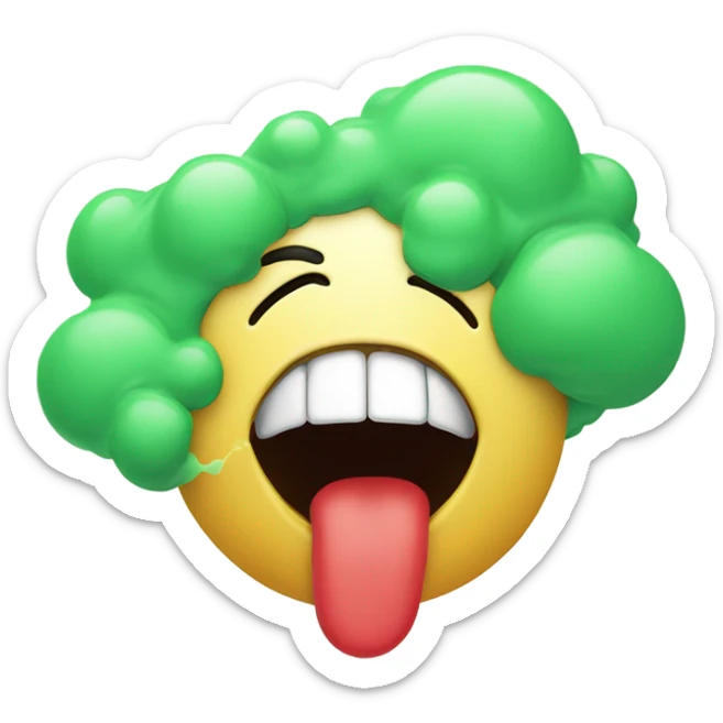 "A funny emoji of a mouth blowing out air, but instead of fresh breath, it's a green, smelly, swirling cloud. sticker