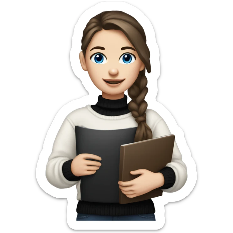 caucasian white IT girl student, holding laptop, blue eyes, dark brown hair ponytail wearing a thick black sweater sticker