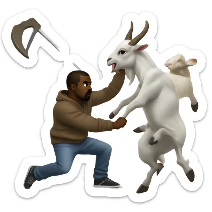 Kanye West fighting against a giant hybrid of goat and rake sticker