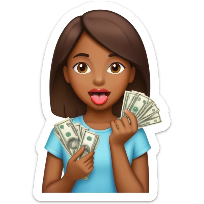 girl holding money with her tongue out sticker