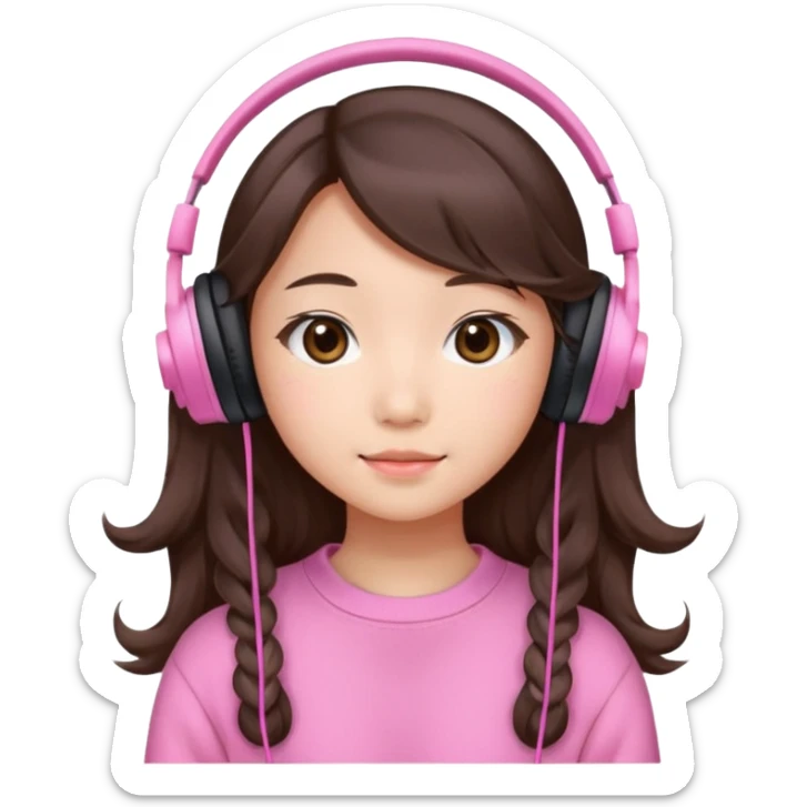a asian japanese girl with wavy long silky brown hair and no bangs. the right side of hair is set on her shoulder she has a cute pink gaming headphones. she is wearing a cute pink sweater  sticker