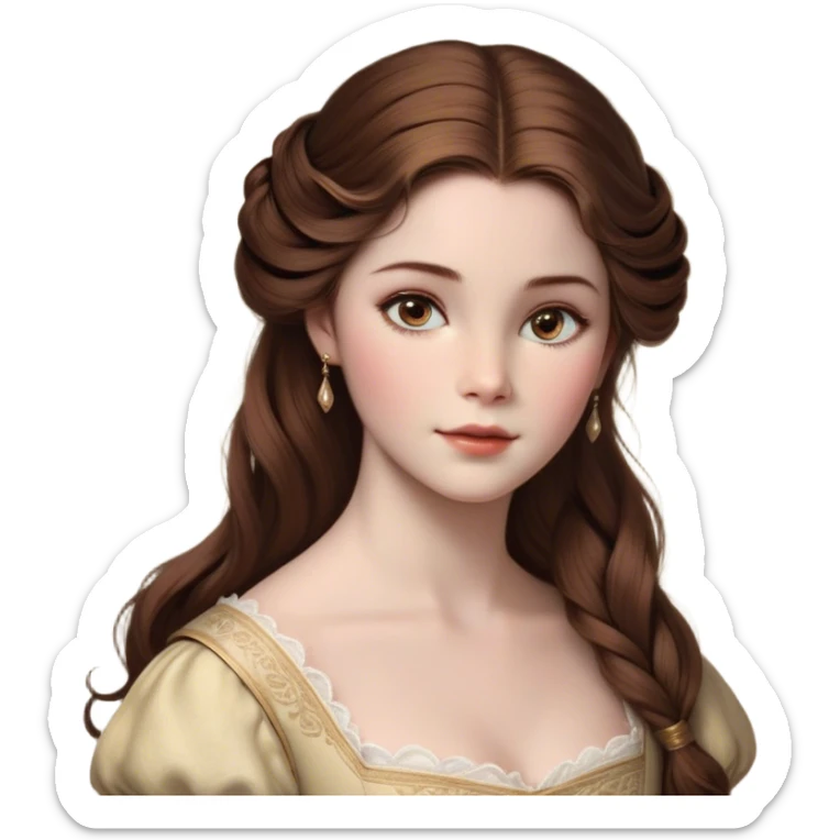 Cinematic Realistic Belle Portrait, depicted with lifelike skin texture, soft natural lighting, and intricately detailed brown hair styled elegantly. Her deep, expressive eyes exude warmth and intelligence, complemented by a serene and graceful expression. She is dressed in her classic attire, with rich fabric textures and delicate folds that catch the light beautifully. The portrait features a soft, enchanting glow with a natural, radiant finish, capturing the essence of timeless beauty in a realistic and painterly style, evoking a sense of depth and authenticity. sticker