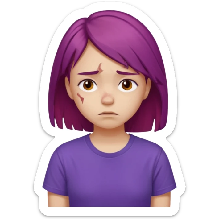 Young girl with red, damaged, and unattractive hair, wearing a purple T-shirt, with a sad and subdued expression. sticker