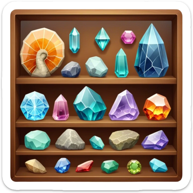 Icon for Mineral, Stone & Fossil Collecting: a display of various colorful minerals, gemstones, and fossils, arranged neatly on a table or shelf. The icon should reflect the beauty and scientific interest of collecting natural specimens. Transparent background. sticker