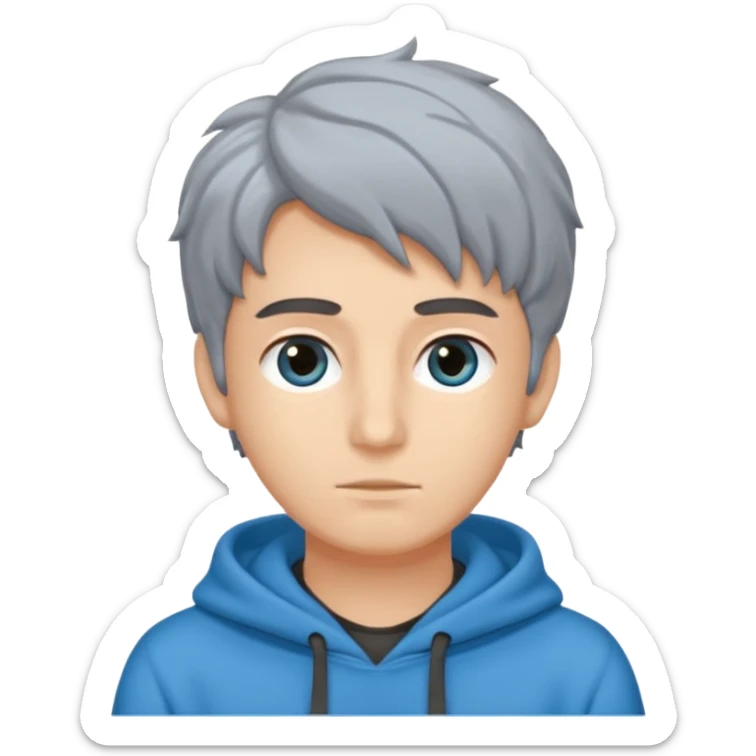 Crea un emoji a mezzo busto come ti ho già chiesto però di un ragazzo sulla 20ina ma che sembri più giovane, vestito con una felpa grigia. Occhi azzurri, capelli neri con il ciuffo davanti un po bagnato. sticker
