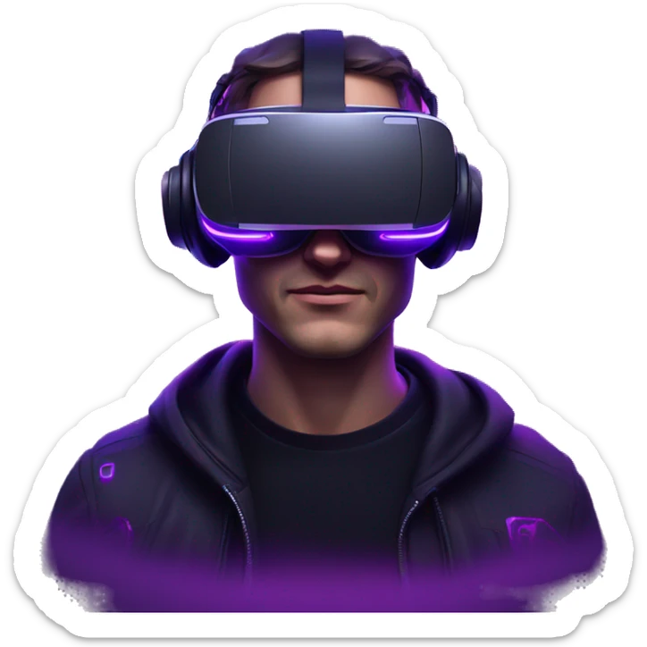 Russian man wearing a black hoodie with "OMG" letters on it and VR headset in a cyberpunk VR environment with violet neon lighting. sticker
