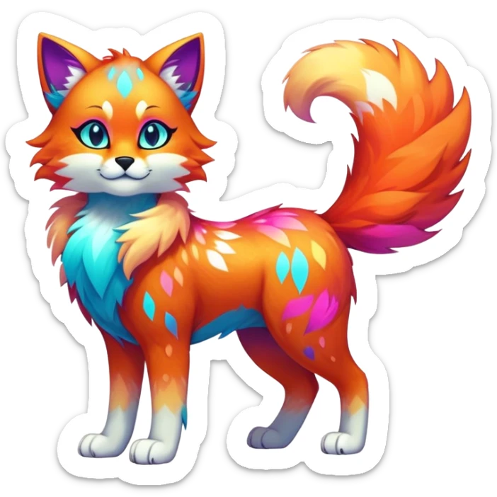 Vibrant multicolored neon-colored Falvie-Fionbri-creature-sparkle-feline-canine-hybrid-fursona, full body, fur pattern-markings sticker