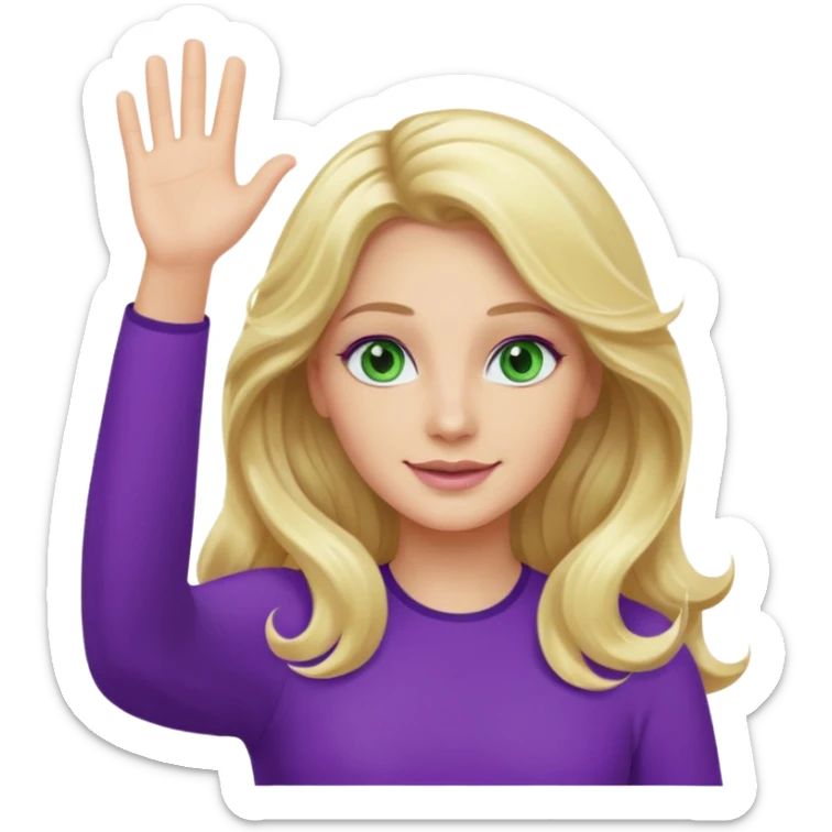 lady with long wavy blonde hair, purple top, green eyes, waving hello sticker