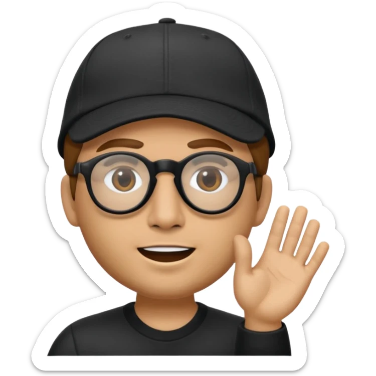 el Memoji es un personaje masculino con cabello castaño, gafas y una gorra blanca. Tiene la mano levantada como si estuviera diciendo "stop" o "espera". sticker