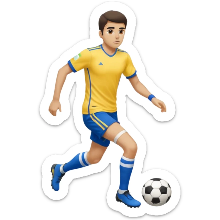 Persian soccer player in full soccer team kit with a yellow top, blue shorts and white socks, no soccer ball sticker