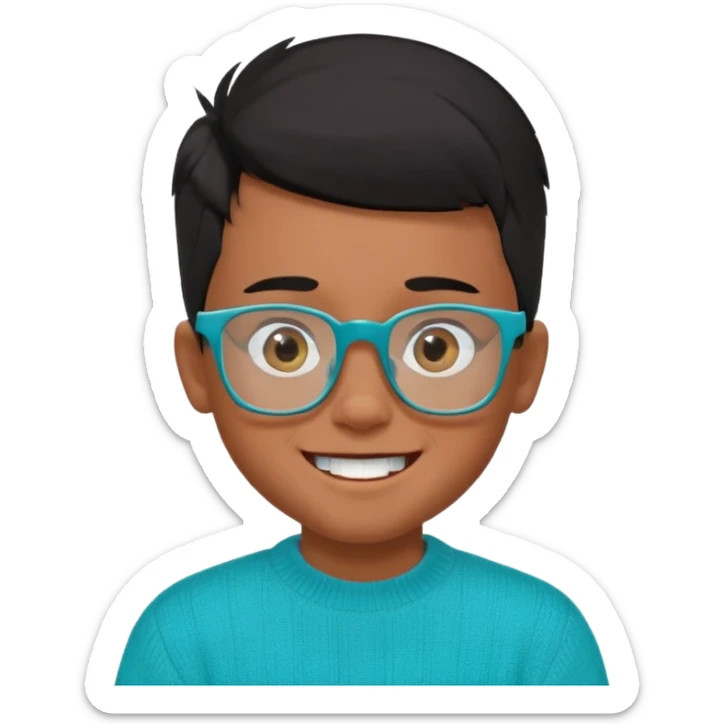 Chico de 7 años, pelo negro y repeinado pero con volumen hacia arriba, piel marrón, gafas cuadradas azules, sonriente y sin 1 diente, jersey verde turquesa y ojos muy rasgados, Y NADA redondeados, NO REDONDOOOOOOOOOOO ESO 0 sticker