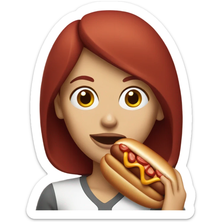 White woman with dark red hair eating hotdog sticker