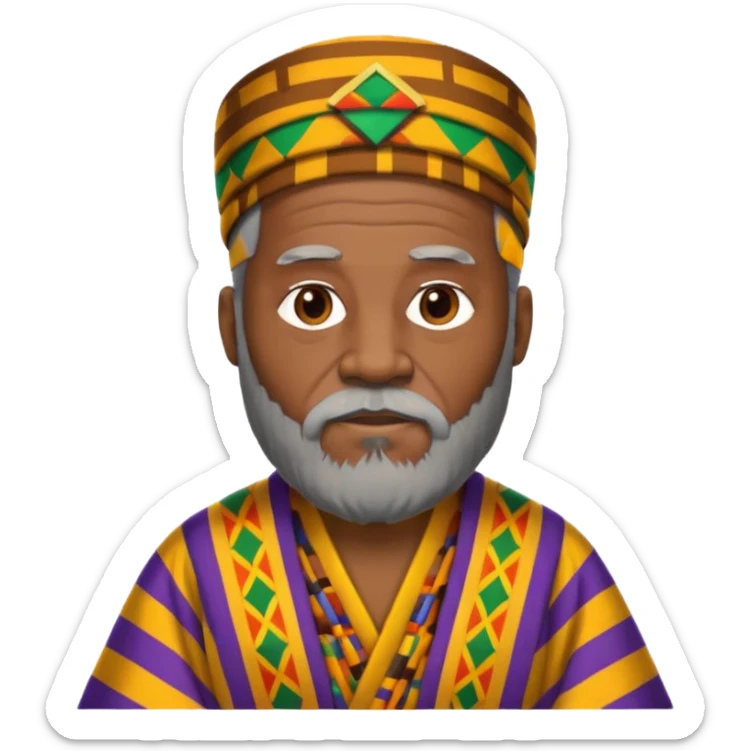 Create an emoji of an old African king with a large beard wearing kente cloth and white shirt sticker