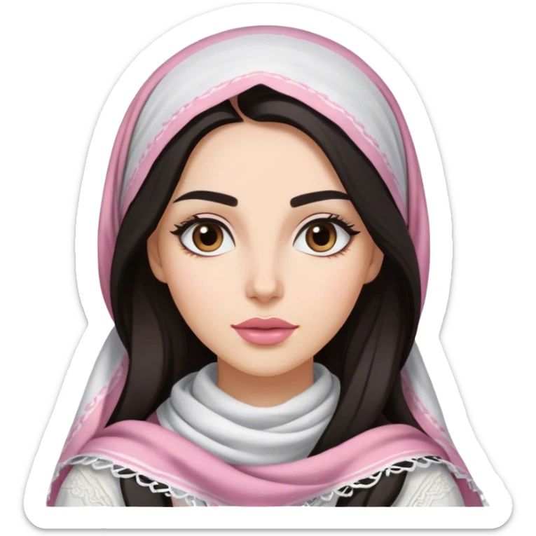 A woman with long, dark hair wears a traditional white keffiyeh, her makeup is well done, with defined eyebrows and soft pink lips  sticker