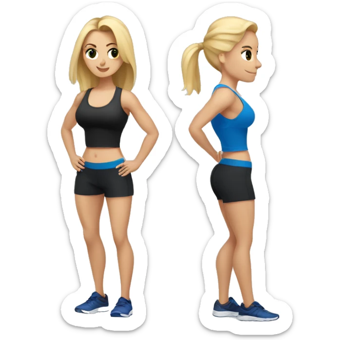 blonde woman working out with a black tank top and a blue shorts and she is holding a dumbell sticker