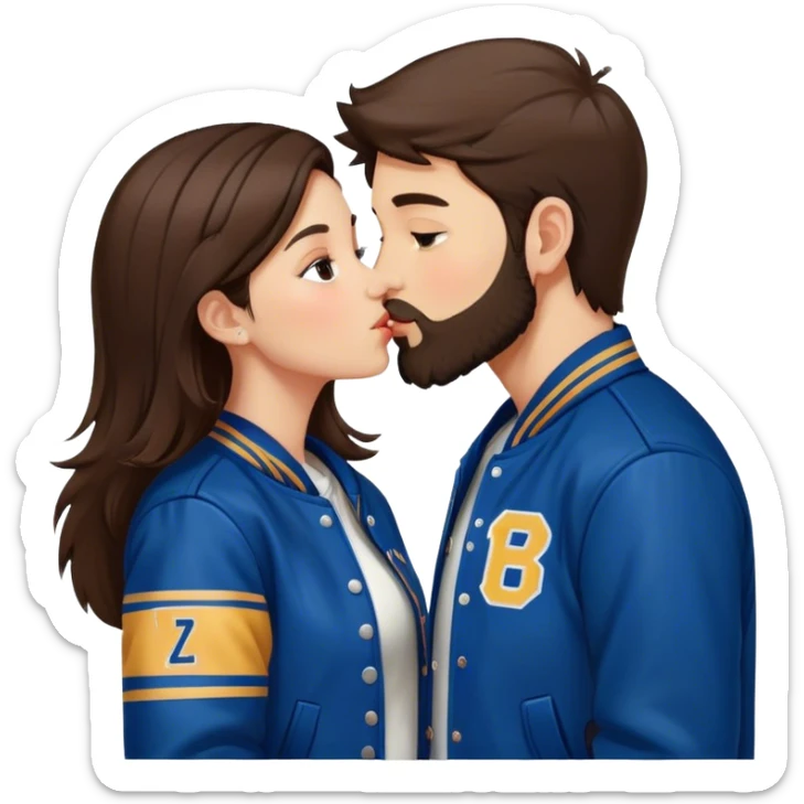 A brunette girl with a letterman jacket kissing a brunette boy with a beaamrd sticker