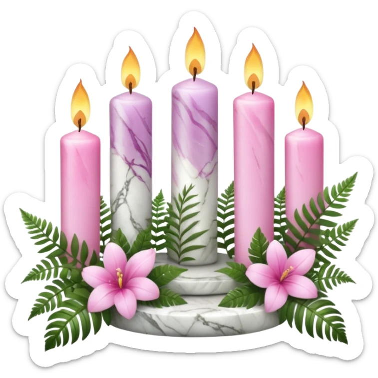 Aesthetic scenic beautiful gorgeous holy divine spiritual pretty elegant sparkly shiny scene of Candles, flowers, marble stone, lush vines, ferns, scenic aesthetic scenery sticker