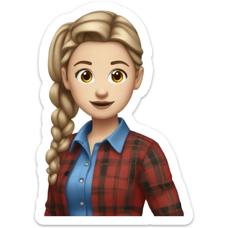 white girl with blue seater red plaid pants stud earing brown hair in pony btail sticker