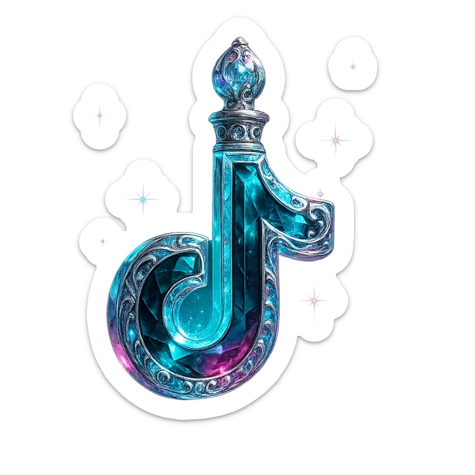 luxurious crystal elixir bottle in the shape of the TikTok logo, black and cyan with pink accents, ornate silver and iridescent details, very magical glowing and sparkling effects, very small neck, seamless bottom, transparent background, bottle clearly floating in air, no base or shadow, modern, collection style sticker