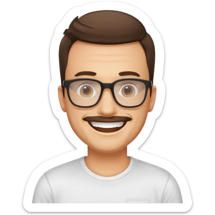 portrait of adult man, wearing a t-shirt, square glasses, grinning face sticker