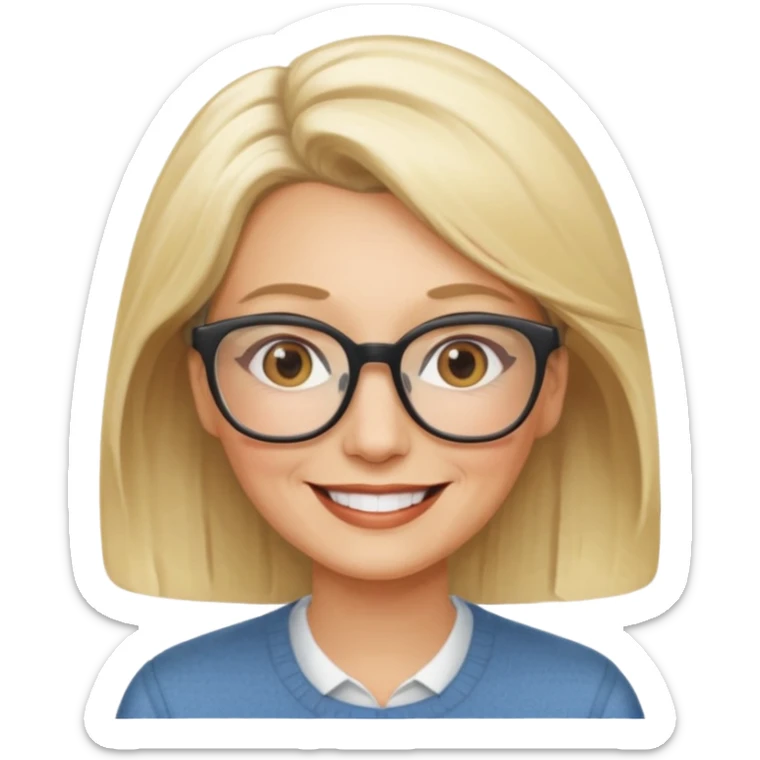 side profile of an attractive older blonde woman with glasses, smiling sticker