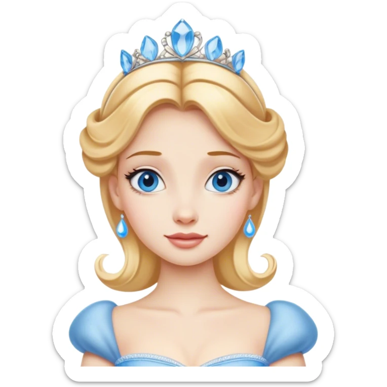 Cinematic Realistic Yawning Cinderella Portrait, showcasing lifelike porcelain skin and intricately detailed golden-blonde hair styled flawlessly as she mid-yawn reveals a moment of tender vulnerability. Her half-closed blue eyes and relaxed expression are rendered with natural, soft lighting that emphasizes the subtle textures of her face and the detailed, flowing fabric of her iconic gown. The scene glows with a cozy, authentic warmth that captures a rare, intimate moment of repose. sticker