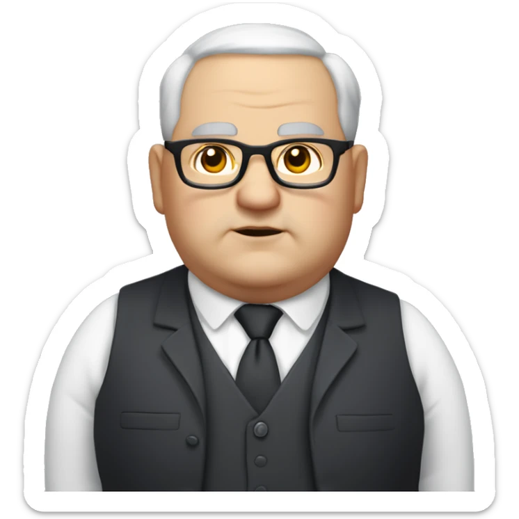 Chubby man of about 60 years of age with a bald shin. Small round glasses and dark eyes. Grey hair and a double chin. Chubby pointed nose. Wearing a black suit with waistcoat and tie. sticker