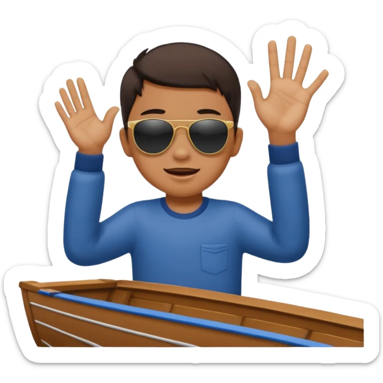 Indonesian kid on the tip of the boat with sunglasses holding his hand and slapping air  sticker