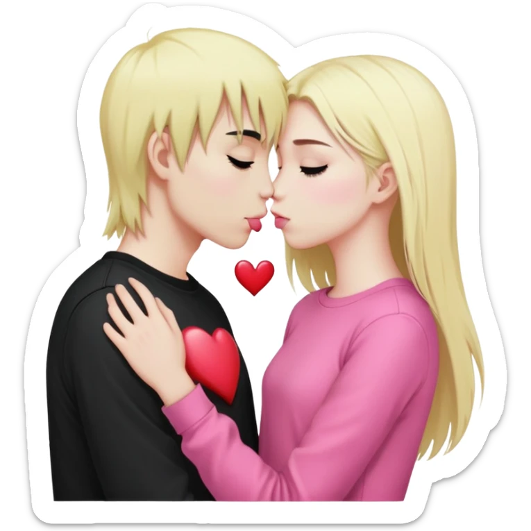 Emo boy with long black emo hair kissing o long blonde girl pink clothes heart sticker