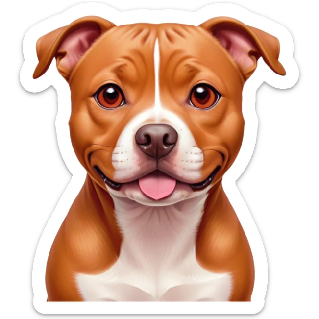 Cinematic Cute Red/Fawn Staffordshire Bull Terrier Portrait Emoji, Head tilted playfully and inquisitively, featuring a glossy red/fawn Fur with a vibrant sheen and delicate white accents, round, sparkling dark eyes filled with curiosity, Simplified yet irresistibly adorable features, highly detailed, glowing with a warm, friendly glow, high shine, affectionate and spirited, stylized with a touch of whimsy, bright and endearing, soft glowing outline, capturing the essence of a mischievous yet loving pup, so playful it feels like it could bound out of the screen and into your arms! sticker