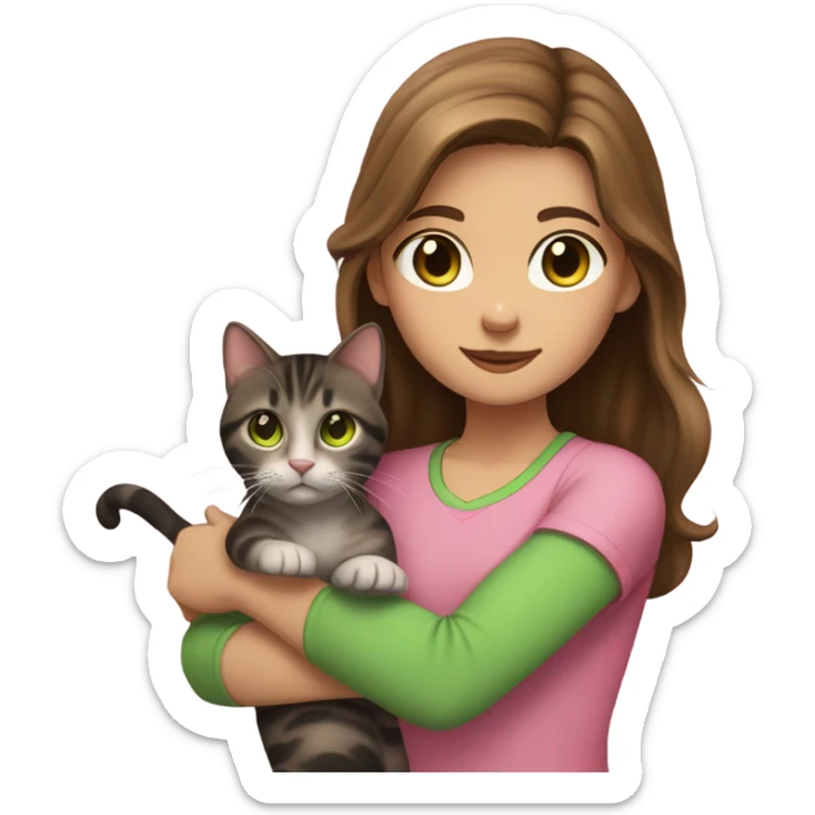girl with brown hair and hazel eyes, wearing a pink shirt, and holding her brown and black tabby cat with green eyes. only from the chest up visible sticker