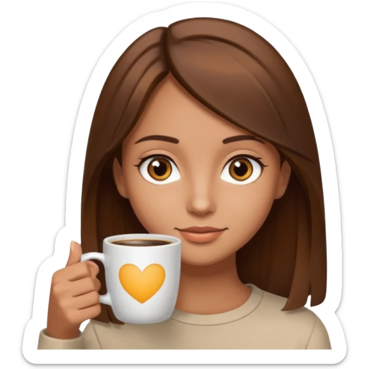 Chica con el pelo café ojos café pelo lacio con una taza de cafe sticker