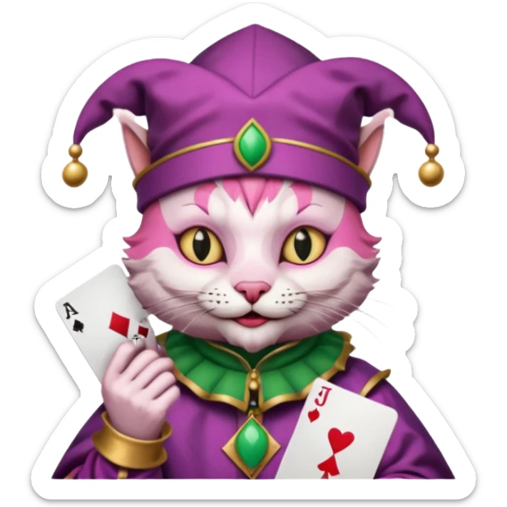 court jester cat medieval, single poker card joker clearly visible, pink, face only, round badge,  court jester cap sticker