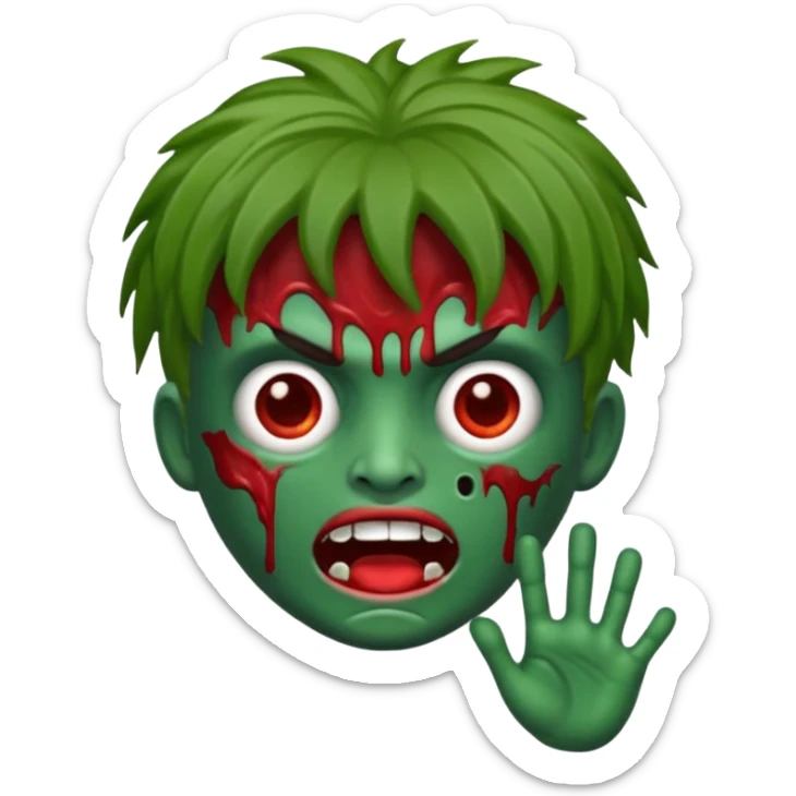 emoji de zumbi estilo WhatsApp, cabeça verde, cabelo cacheado vermelho volumoso, olhos brancos brilhando, expressão divertida e assustadora, cartoon, linhas limpas, fundo transparente, qualidade alta sticker