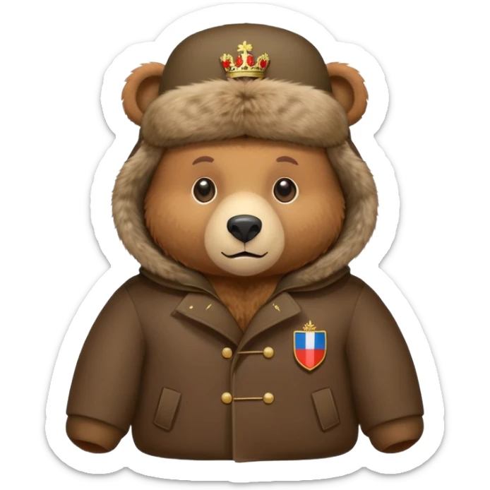 Cute brown bear in Russian fur ushanka hat with coat of arms pin, front view, iOS emoji style sticker