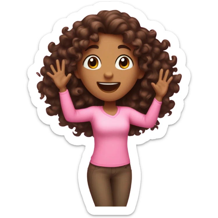 Light Brown girl with dark brown long curly hair saying “hooray!” Wearing pink sticker