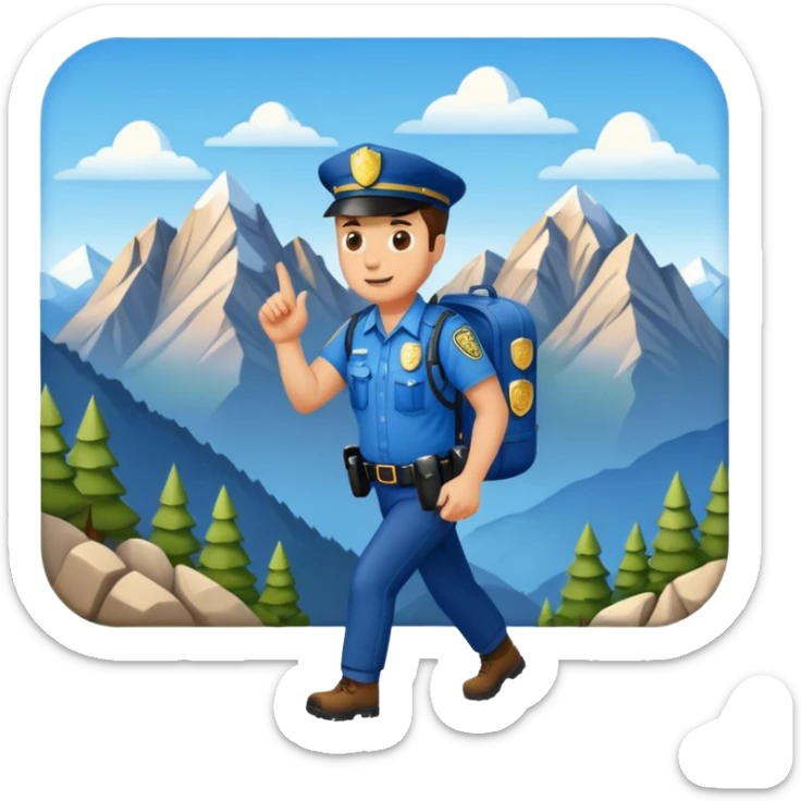 Adventurous man hiking with a police badge with mountains in the background sticker