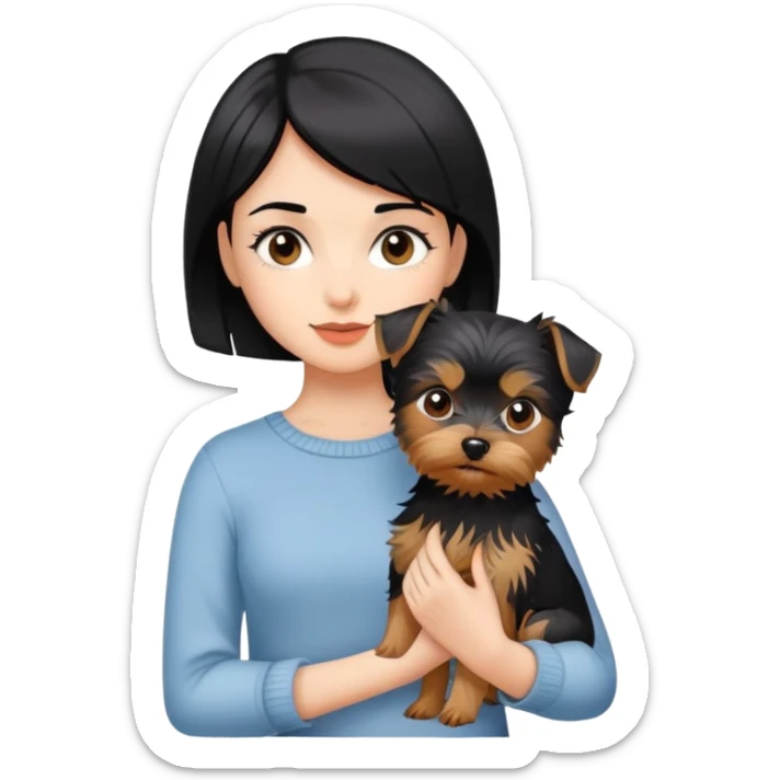A beautiful girl with short black hair holding a Yorkshire Terrier sticker