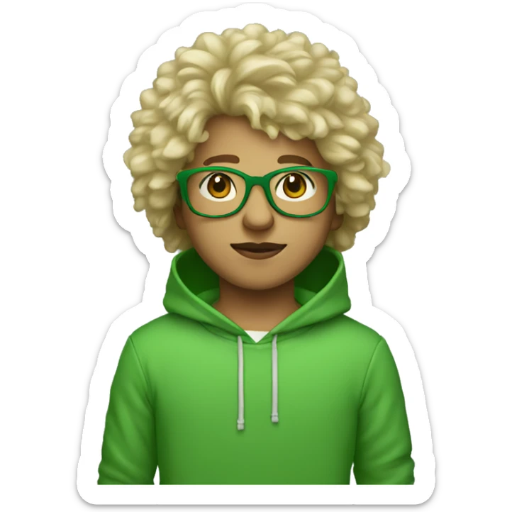 boy with clear glasses and blonde fluffy hair and a green sweatshirt with hood up standing straight sticker