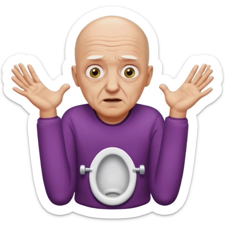 A bald person who’s very old is staring, he’s inside a toilet and his head is upright and looking at the camera with very wide eyes and his hands are putting pressure on his head, very scared expression and he’s shaking his butt sticker