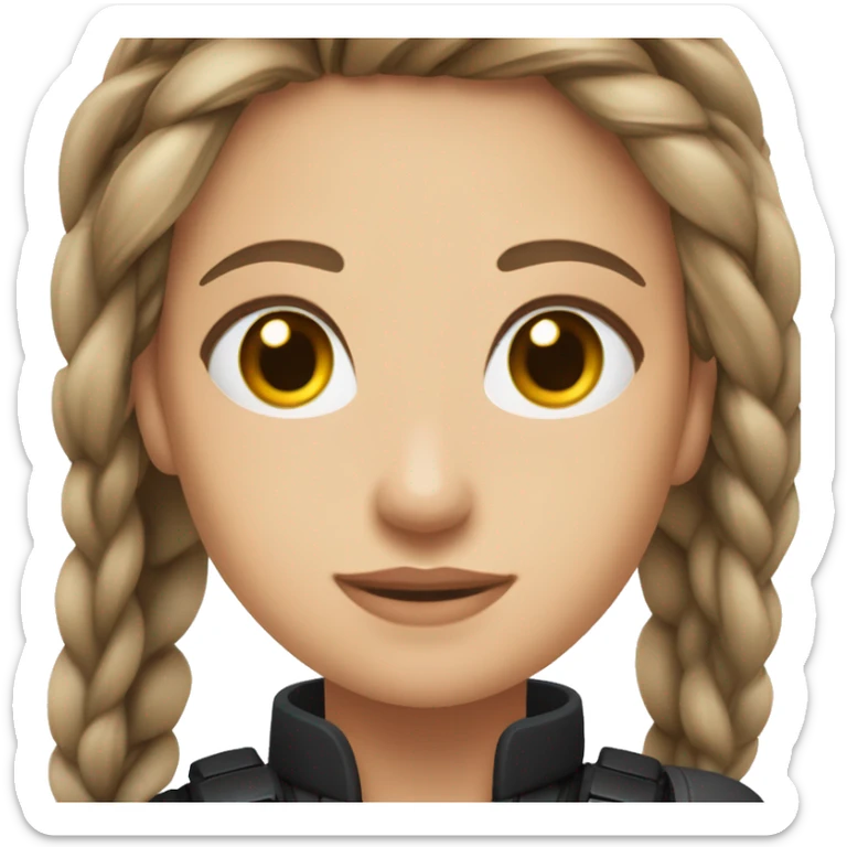 A young woman with a petite and slender build, pale, hazel eyes, and long brown hair that has a silver streak, pulled back into a braid. She’s wearing black tactical gear. sticker